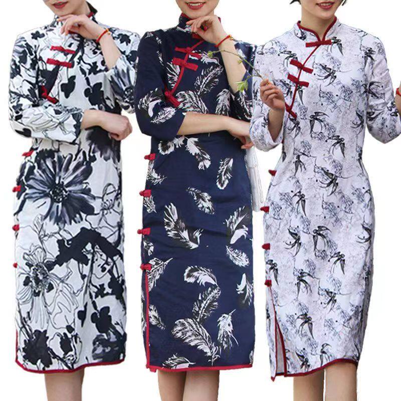 26春秋季新款中式改良旗袍连衣裙国风大气长袖修身显瘦少女中长裙