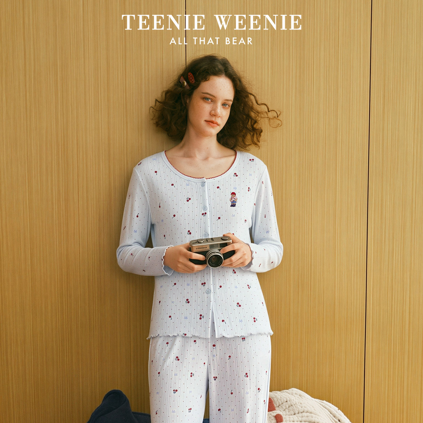 TeenieWeenie小熊睡衣女款春秋季莱赛尔棉提花圆领舒适长袖家居服