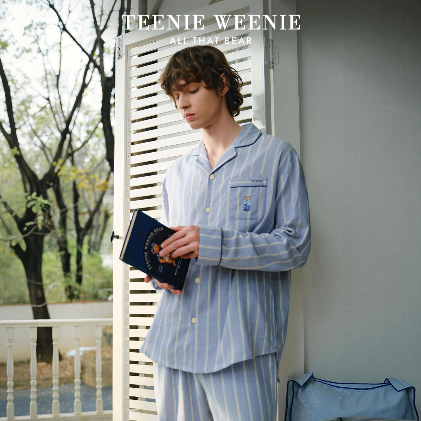 TeenieWeenie小熊纯棉双层纱睡衣情侣女款春季刺绣条纹家居服套装