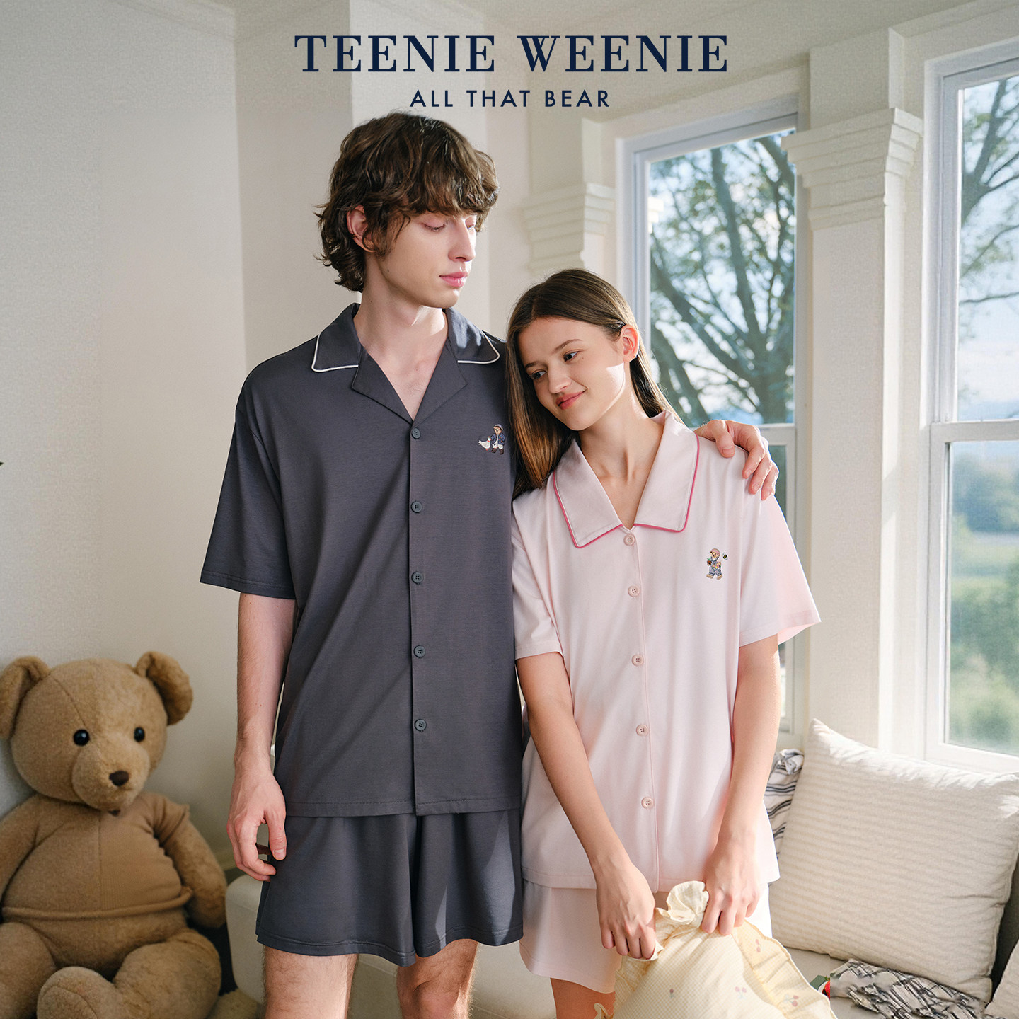 TeenieWeenie小熊情侣睡衣2026新款夏季莫代尔棉翻领