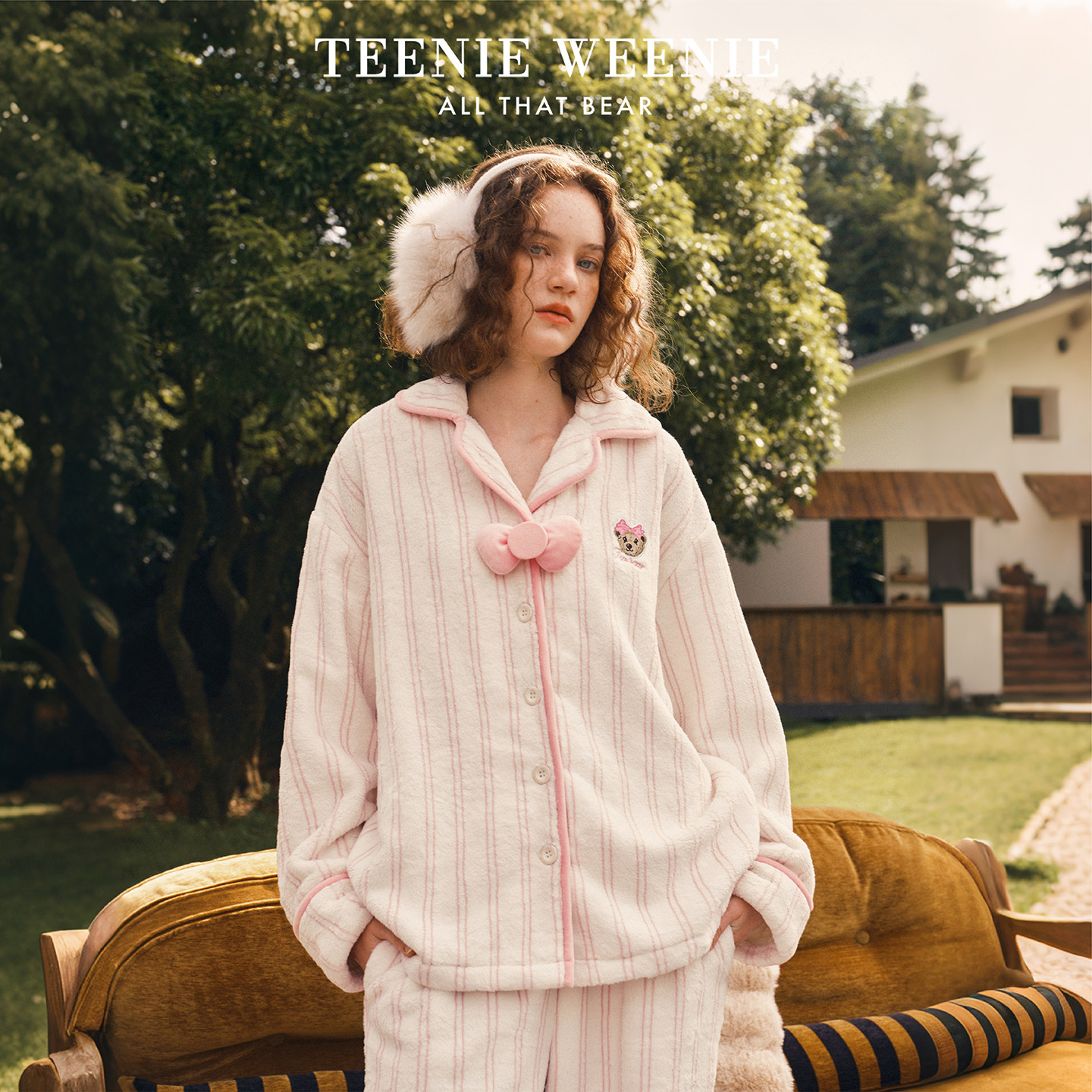 TeenieWeenie小熊睡衣女2026新冬季法兰绒加厚保暖甜美条纹家居服