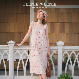 TeenieWeenie小熊纯棉睡裙女草莓印花长款甜美少女心宽松家居服