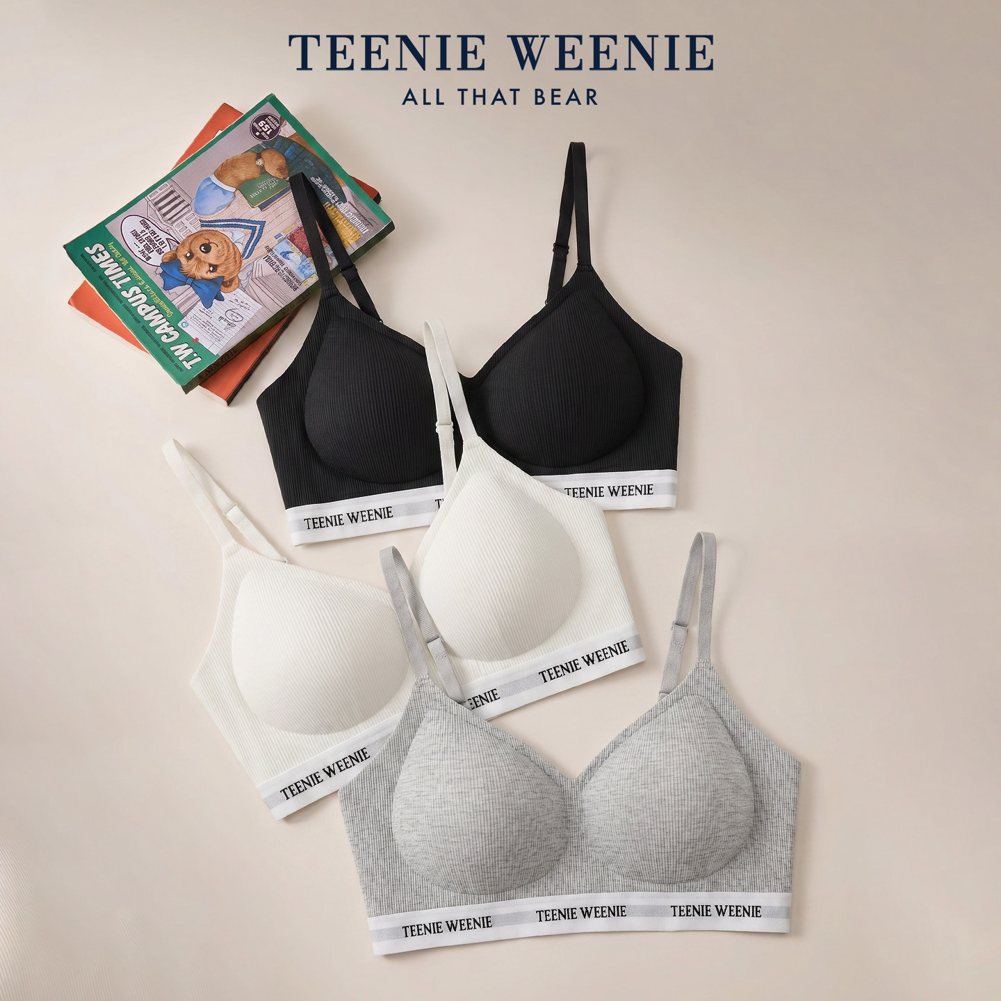 TeenieWeenie小熊内衣女新款小胸聚拢低领细肩带轻运动文胸夏薄款