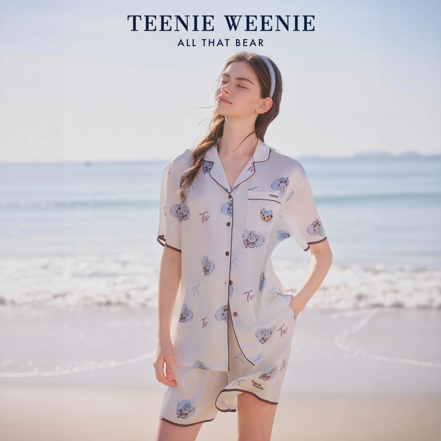 TeenieWeenie小熊睡衣上衣单件女夏季新款冰丝凉感短袖家