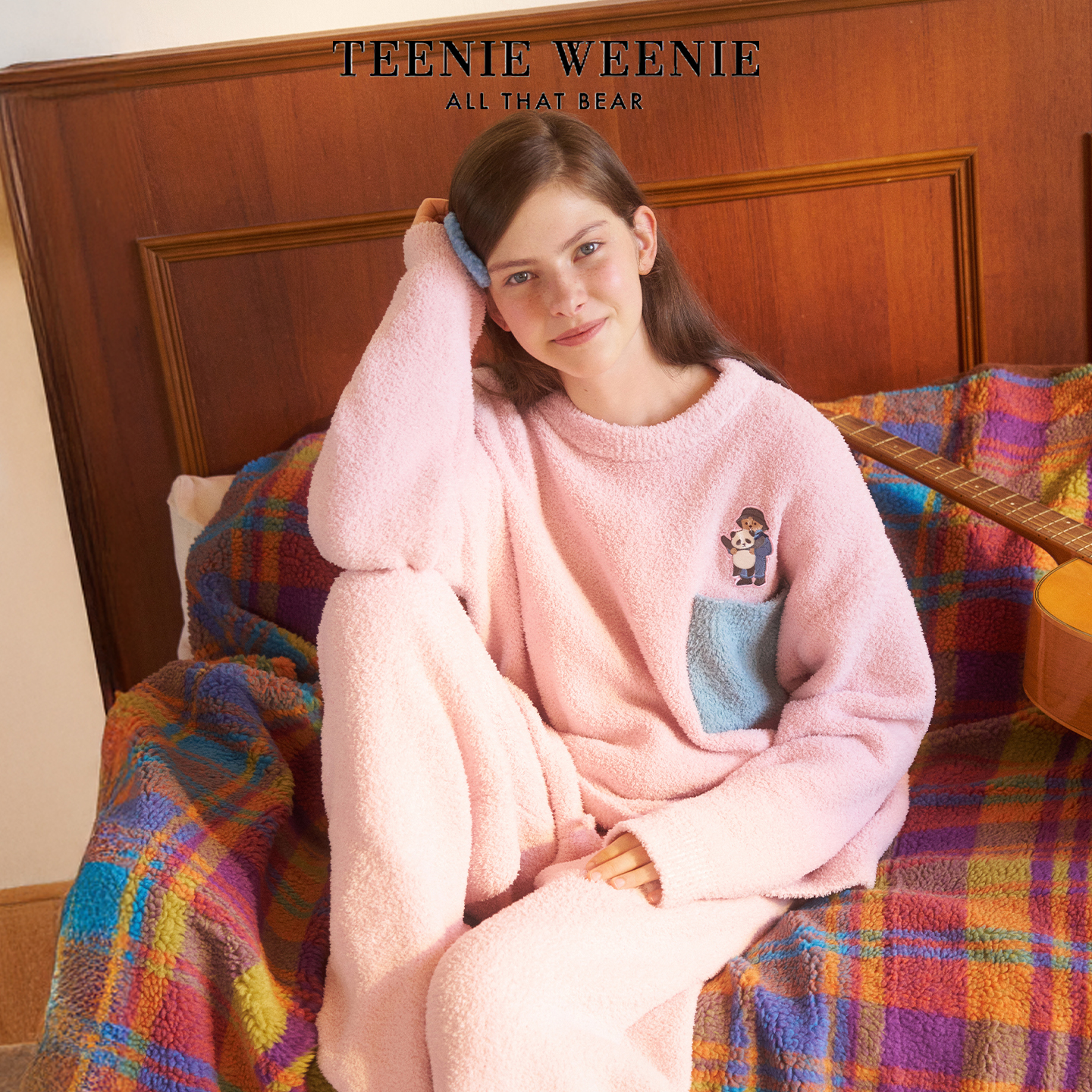 TeenieWeenie小熊睡衣女款2025秋冬圆领半边绒加厚保暖家居服套装