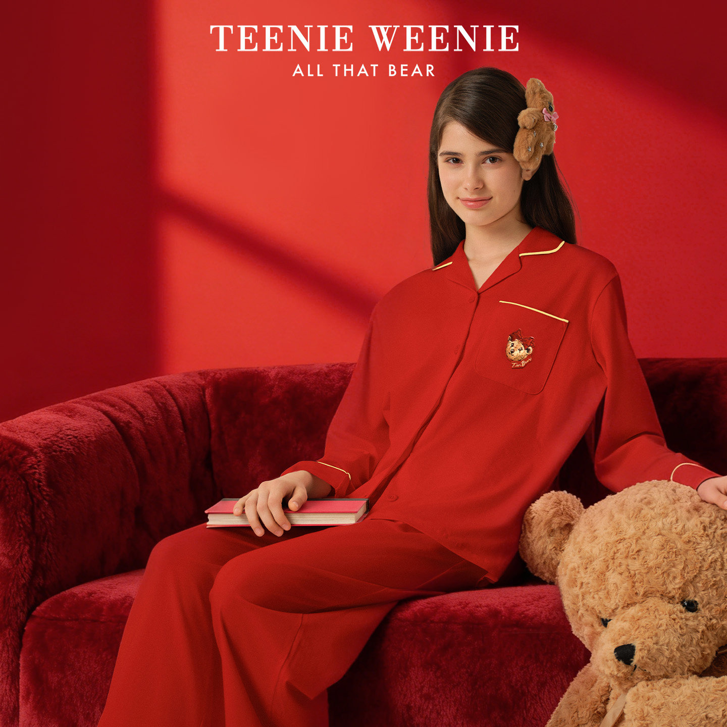 TeenieWeenie小熊睡衣女款2026新款冬季红色纯棉本命年家居服套装