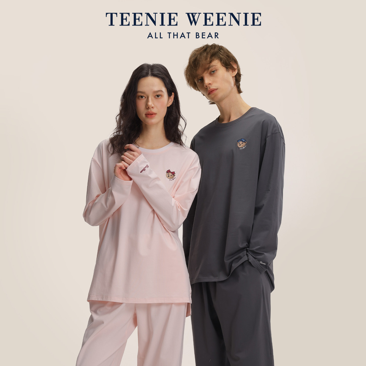 TeenieWeenie小熊情侣睡衣女2026新款秋季长袖纯棉刺