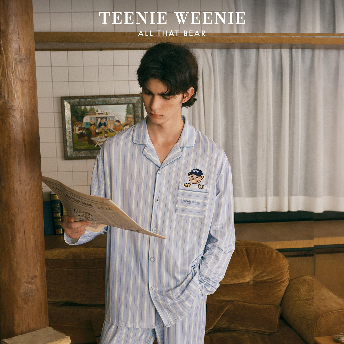 TeenieWeenie小熊男士纯棉睡衣2026新款春秋季宽松条纹长袖家居服