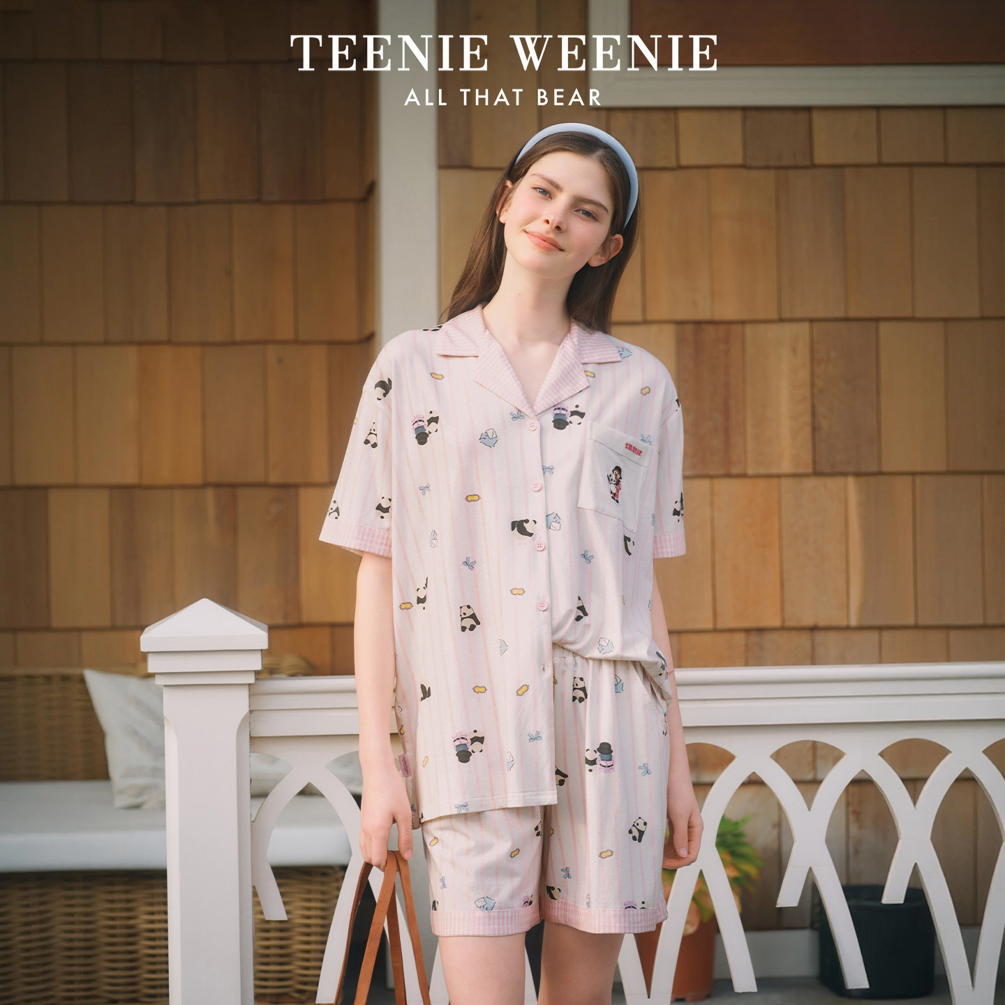 TeenieWeenie小熊夏季睡衣女士莫代尔棉熊猫印花防螨短袖
