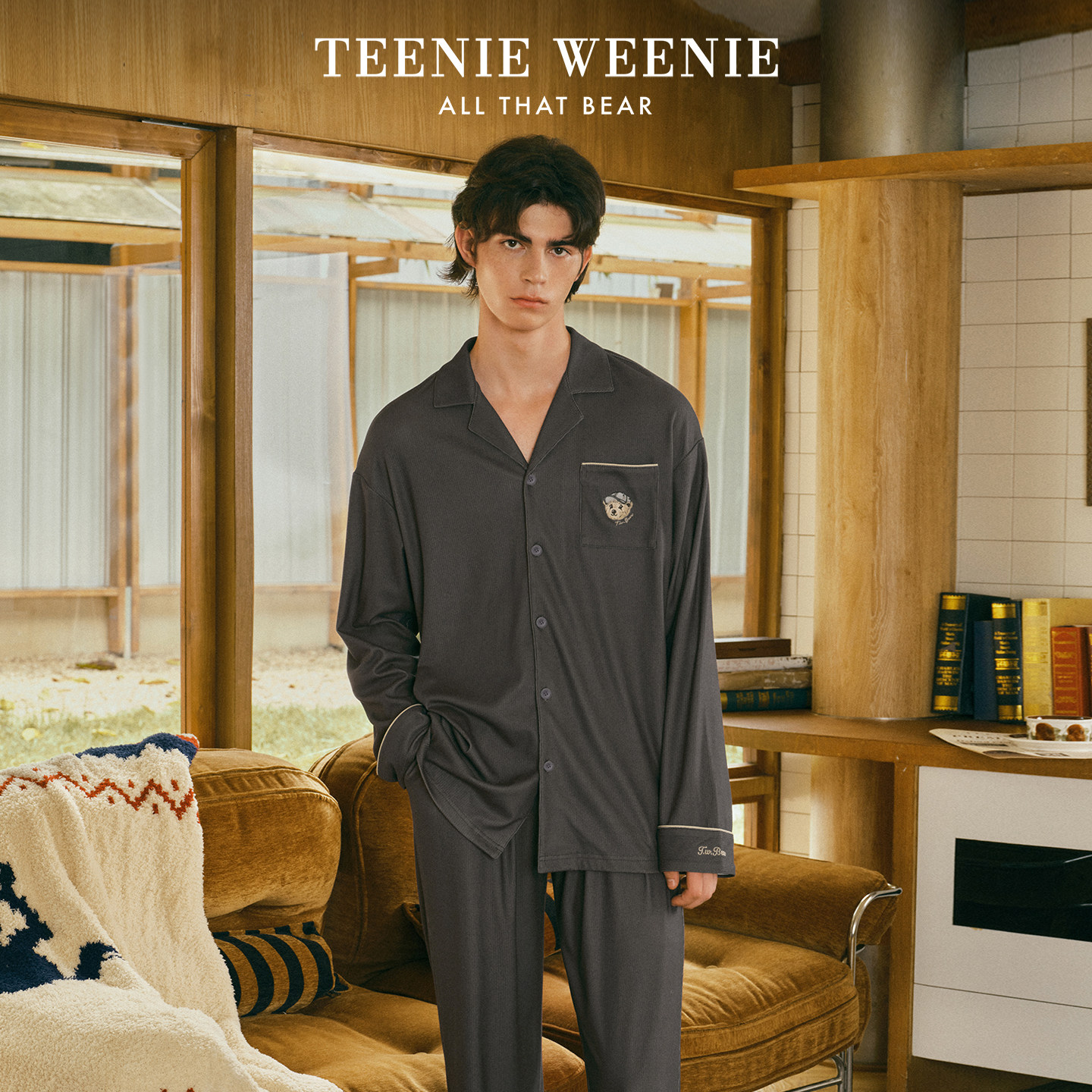 TeenieWeenie小熊法兰绒睡衣男士2026新款长袖长裤秋冬家居服套装