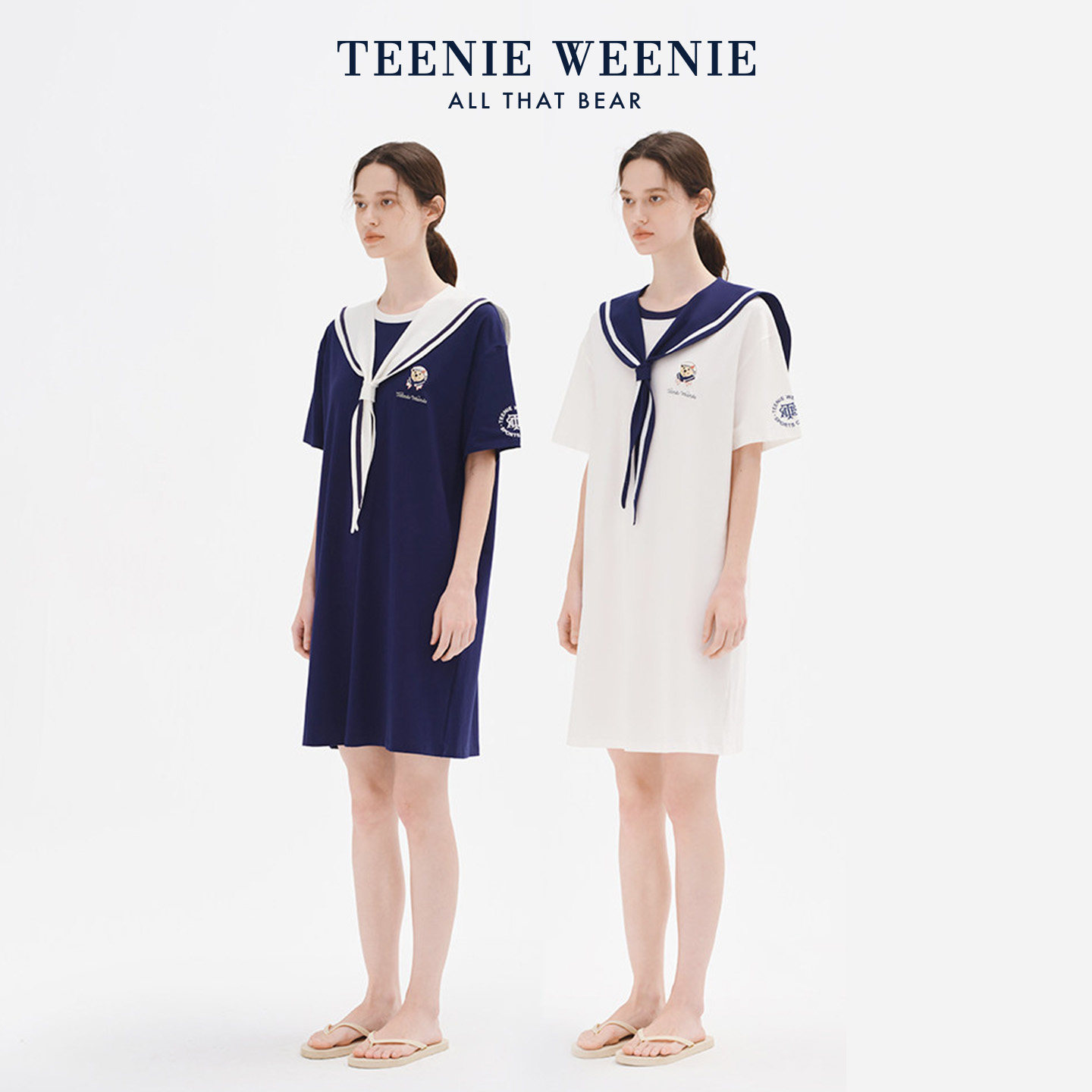 TeenieWeenie小熊海军风披肩睡裙纯棉夏季透气薄款睡衣女家居服