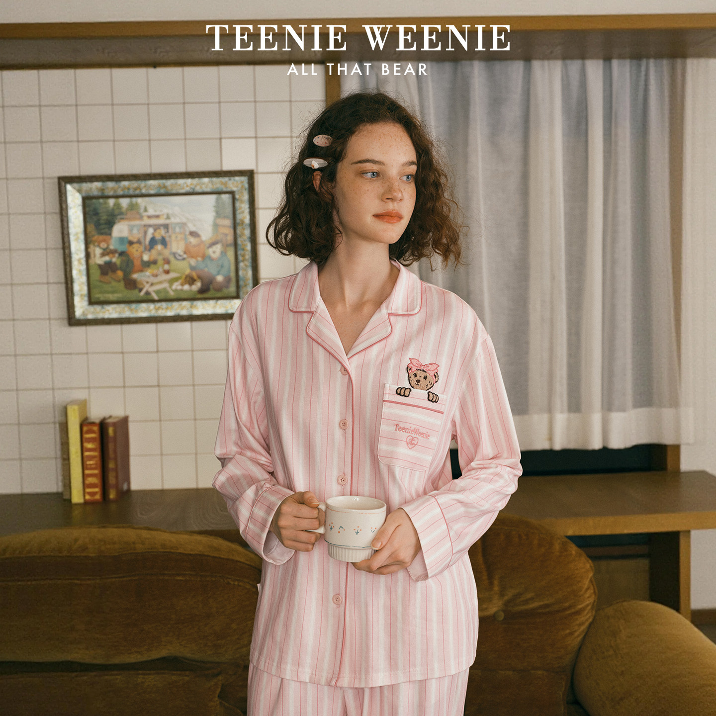 TeenieWeenie纯棉睡衣女上衣秋季韩系复古风毛巾绣长袖长裤家居服