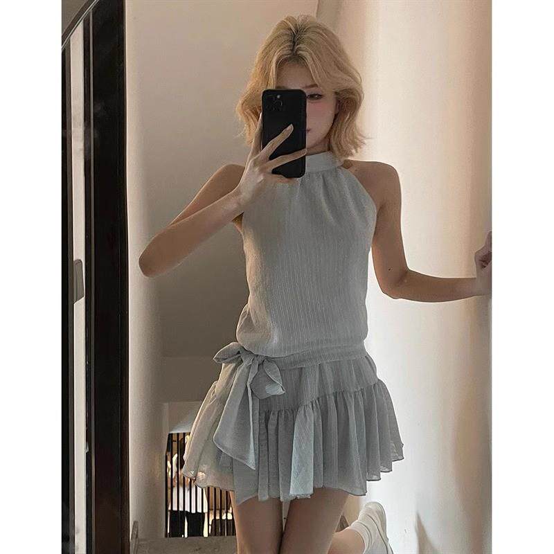 法式蓝色无袖挂脖连衣裙女夏季温连衣裙