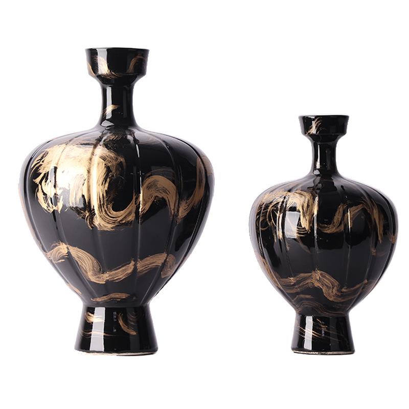 宋氏美学新中式简约黑色扫金亮面陶瓷小口花瓶艺术摆件家居摆件