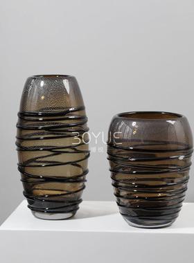 美式简约咖色银箔条纹缠丝琉璃花瓶样板间客厅餐厅桌面软装饰品