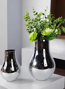 欧式现代简约玻璃电镀银色花器花瓶摆件样板房售楼处软装饰品
