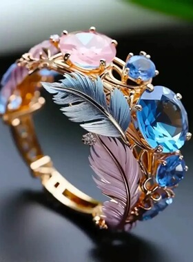 欧美风浮雕彩色羽毛花朵开口戒指女高级感小众甜美气质指环独特