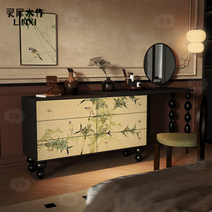 新中式花鸟实木新中式六斗柜简约梳妆台搭台一体多功能储物收纳柜