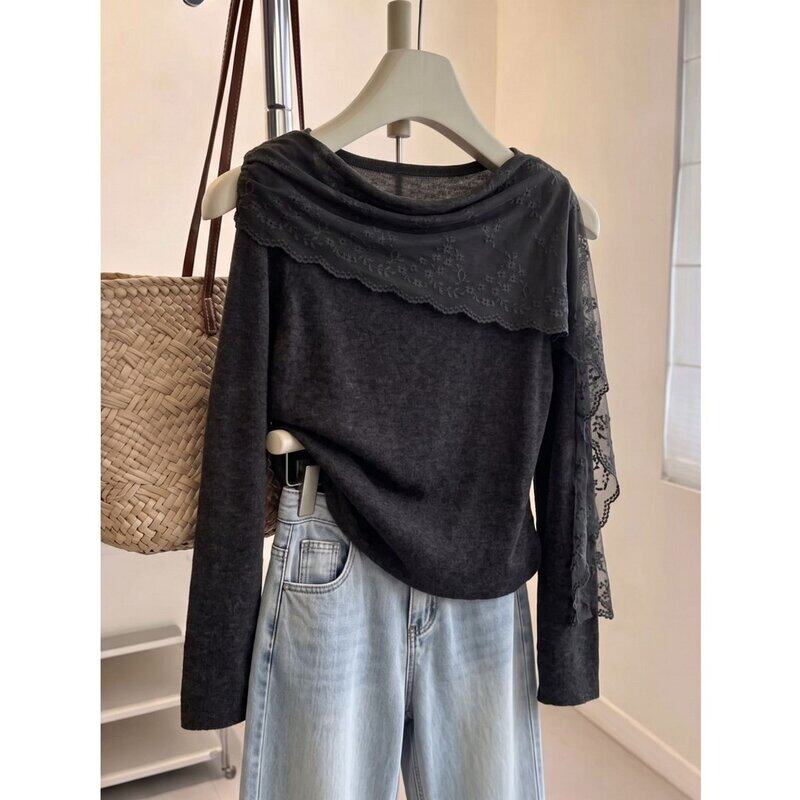 【轻衣舍服饰店】法式高级蕾丝拼接针织衫2026秋季新款大码胖mm显