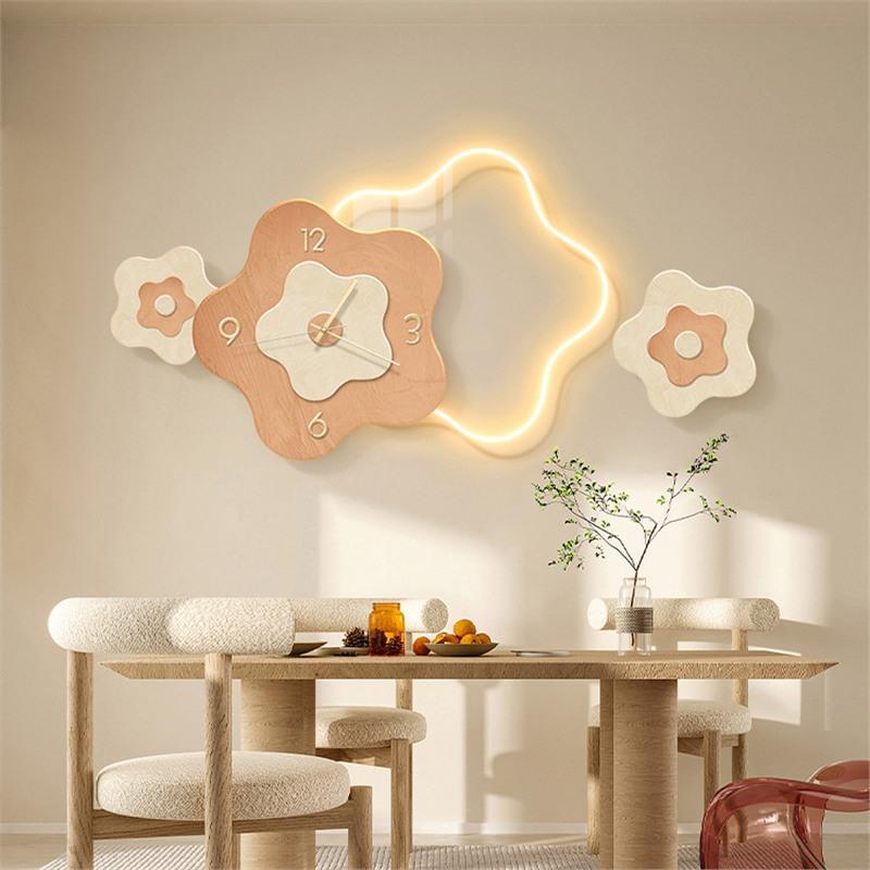 餐厅装饰画带挂钟壁灯现代简约创意饭厅钟表挂画奶油风客厅时钟画