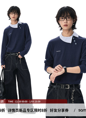 sameuoo散养文化「倾界」云梯棉长袖t恤女秋冬 内搭斜门襟Polo领