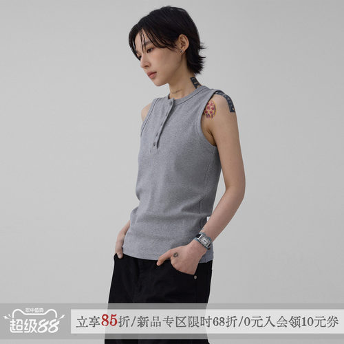 sameuoo散养文化「色」弹力螺纹背心t恤女夏季坎肩休闲无袖上衣t