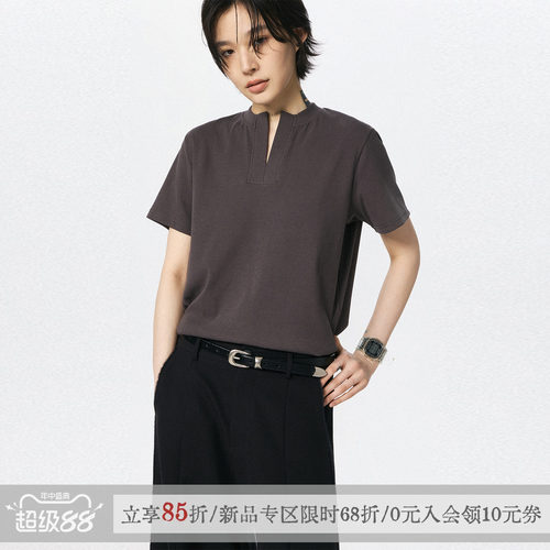 sameuoo散养文化「甜茶」小V领正肩短袖t恤女夏简约中性短款上衣