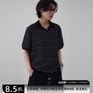 polo衫 sameuoo散养文化「欲望都市」条纹短袖 女夏重磅针织上衣t恤