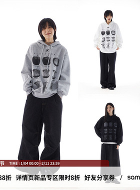 sameuoo散养文化苹果印花美式灰色连帽卫衣女秋冬季中性风上衣男