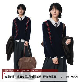 sameuoo散养文化「牛津格调」羊毛混纺针织上衣学院英伦风V领毛衣