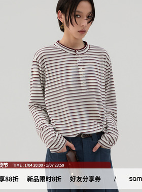 sameuoo散养文化「暮光之吻」亨利领条纹长袖t恤莱赛尔打底上衣春