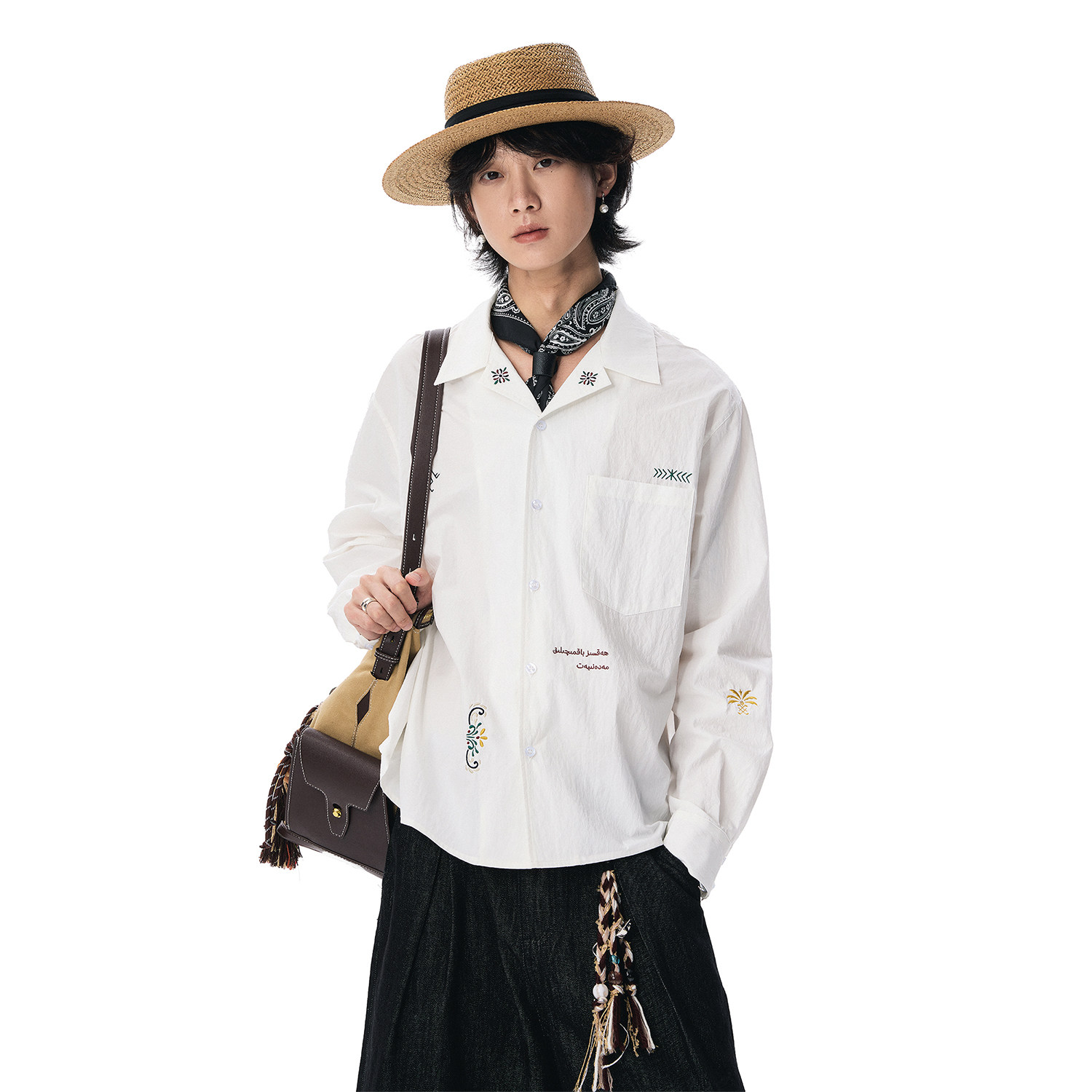 sameuoo散养文化「野嬉日集」刺绣古巴领女春季休闲白色长袖衬衫