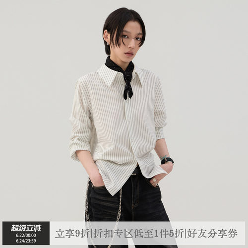 散养文化条纹长袖衬衫正肩衬衣夏