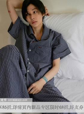 sameuoo散养文化「星眠」轻松休闲全棉格子睡衣套装夏情侣家居服