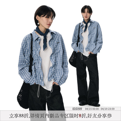 sameuoo散养文化「游序」肌理格纹长袖衬衫女春季 可调节抽绳衬衣
