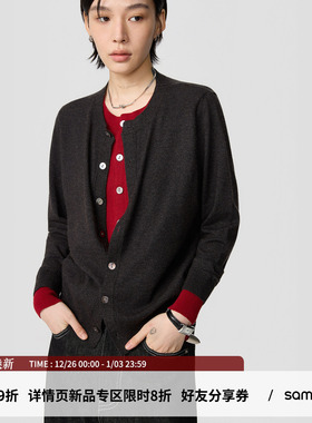 sameuoo散养文化假两件撞色内搭针织衫 正肩针织开衫红色跨年上衣