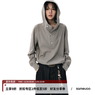 sameuoo散养文化「自由因子」下摆抽绳秋冬内搭连帽格子长袖 衬衫