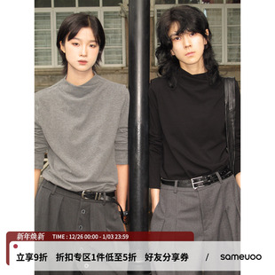 上衣女 内搭修身 sameuoo散养文化交叉烟囱领正肩长袖 T恤秋冬打底衫