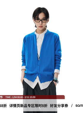 sameuoo散养文化「里度」V领针织衫女冬羊毛混纺正肩蓝色开衫毛衣