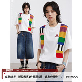 刺绣设计感宽松显瘦情侣半袖 散养文化彩虹毛织拼接短袖 T恤女夏季