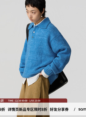 sameuoo散养文化「蓝坍」羊毛混纺翻领毛衣可外穿内搭慵懒针织衫