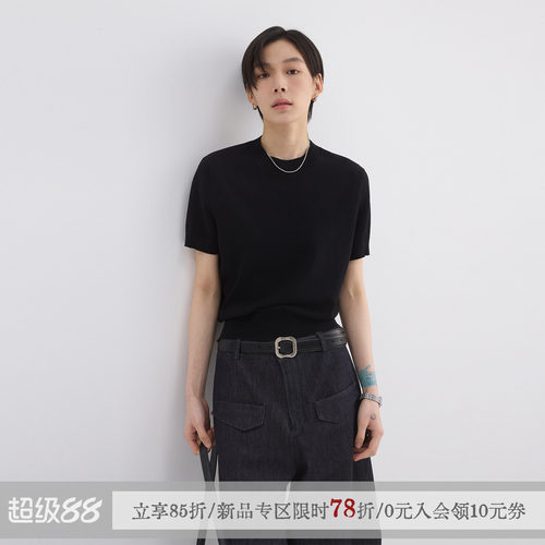 sameuoo散养文化「久仰」黑色冰丝针织短袖t恤女夏休闲正肩上衣
