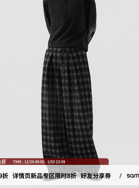 sameuoo散养文化「棋盘」磨毛格纹直筒休闲裤冬 撞色纽扣宽松长裤