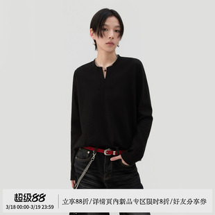 sameuoo散养文化「序写」正肩长袖t恤春季小V黑色打底衫内搭上衣