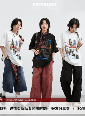 散养文化晕染字母短袖T恤女夏季中性街头人像印花小众宽松半袖男