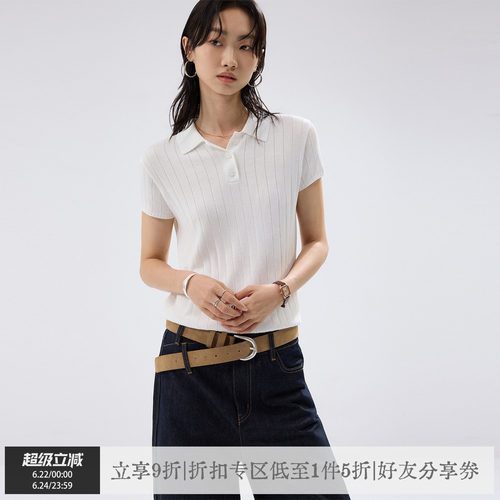 sameuoo散养文化「冰椰」白色通勤正肩短袖T恤女夏修身POLO领上衣