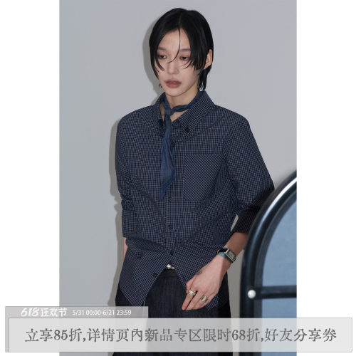 散养文化正肩长袖衬衫格纹衬衣夏