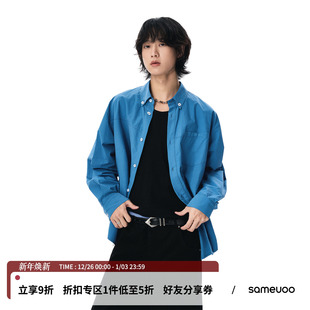 sameuoo散养文化精梳澳棉无性别衬衣女秋冬内搭叠穿蓝色长袖 衬衫