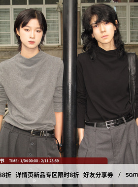 sameuoo散养文化交叉烟囱领正肩长袖T恤秋冬打底衫内搭修身上衣女