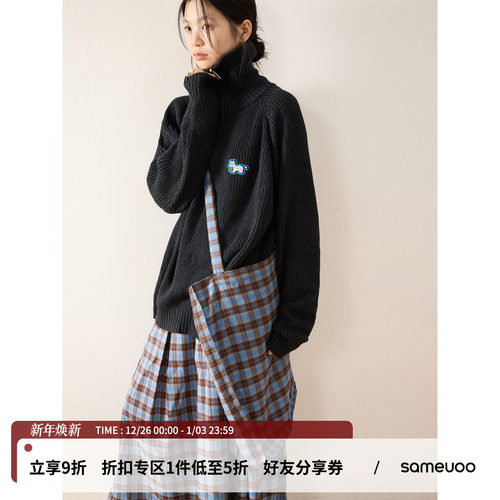 sameuoo散养文化西高地小狗黑色高领毛衣慵懒中性风针织衫女秋冬